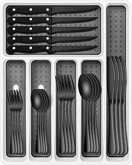 Black Silverware Set, Umite Chef 49-Piece Flatware Set with Drawer Organizer, Durable Stainless Steel Cutlery Set for 8, Tableware Eating Utensils with Steak Knives for Home Restaurant