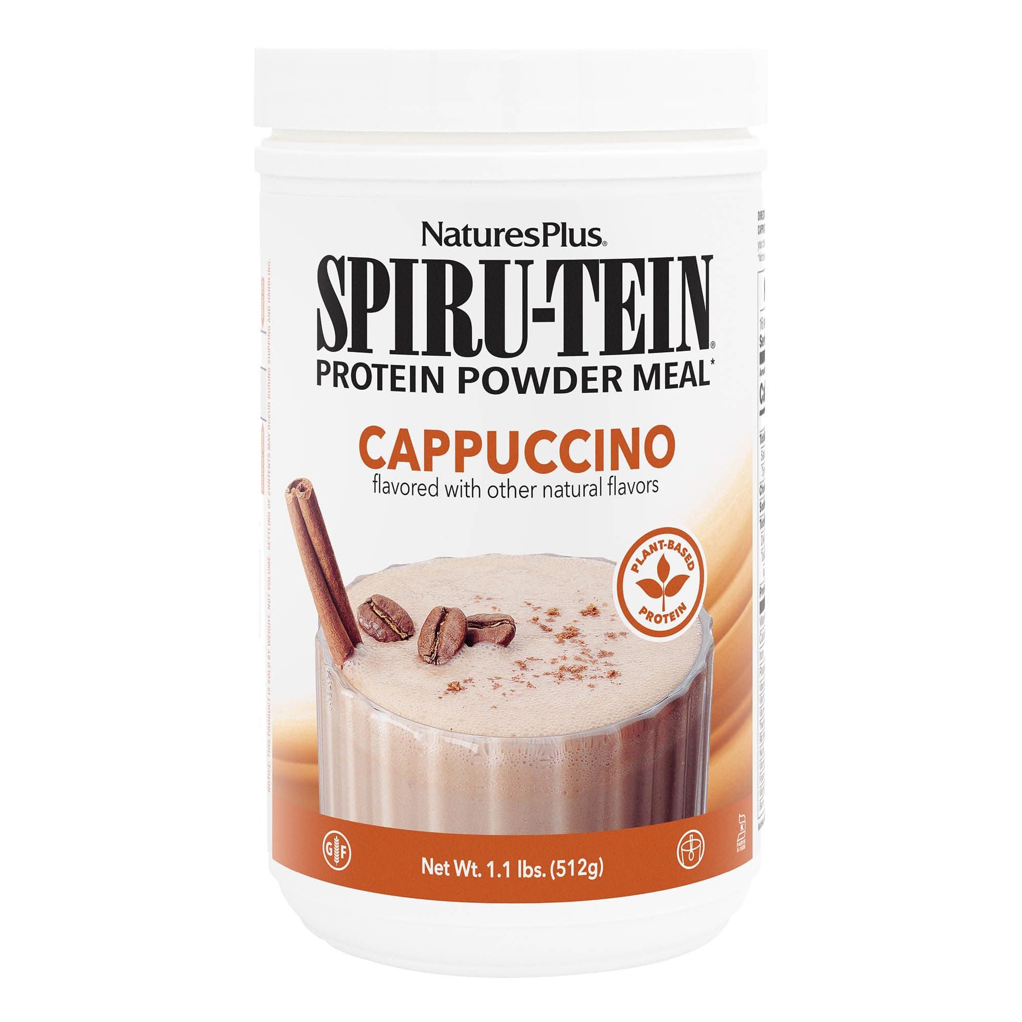 NaturesPlus SPIRU-TEIN, Cappuccino - 1.1 lbs - Plant-Based Protein Shake - Non-GMO, Vegetarian, Gluten Free - 16 Servings