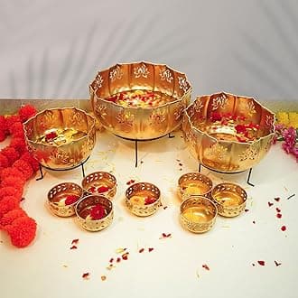 Ekhasa Big Combo Pack Urli Bowl Set with Stand for Home Decor and Decorative Items (includes 3 Bowls, 3 Stands, 7 Tealight Holders) | Floating Flowers Water Bowl for Diwali Pooja, Festival Decoration