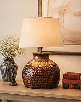 Homesake Antique Hammered Table Incandescent Lamp Oil-Rubbed Bronze Metal Linen Drum Shade For Living Room Family Bedroom, (Pot, Beige)