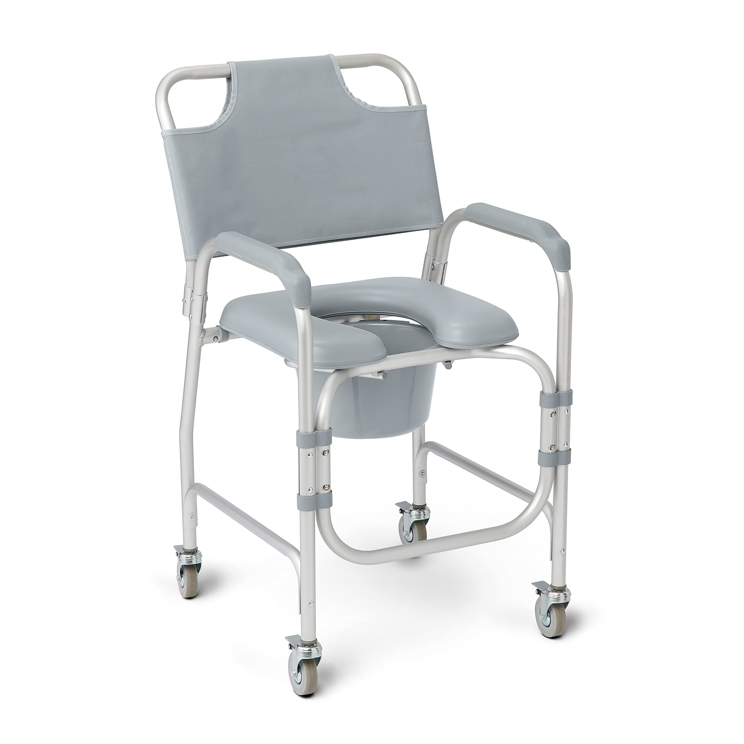 Aluminum Padded Shower Chair Commode with 4 Locking Casters, 300 lbs. Capacity — For Restroom, Bathroom & Wheelchair Transfer to Toilet, 1 Ct.