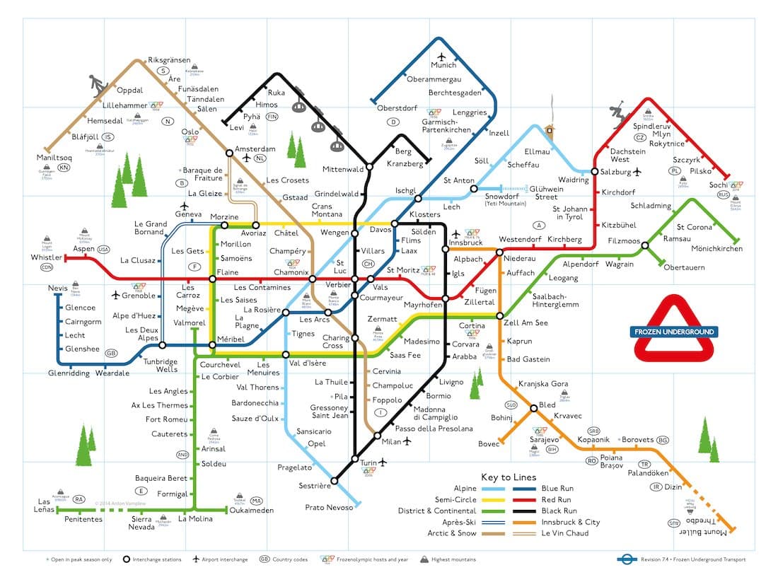 Frozen Underground Central Network Map for Skiers - 42cm x 30cm Art Poster