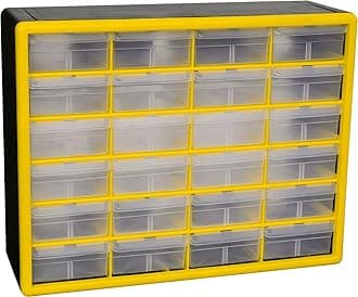 24-Drawer Plastic Drawer Storage Cabinet for Garage Organization, Bead Organizer, Building Bricks Storage, Teacher Toolbox, Makeup Organizer, 20" W x 6" D x 16" H, 10124 Yellow