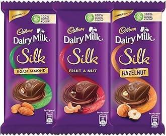 Cadbury Dairy Milk Silk Small Chocolates Combo (2 X Silk Roast Almond With Whole Nuts 58G, 2 X Silk Hazelnut 58G And 2 X Silk Fruit And Nut 55G), 342 Grams