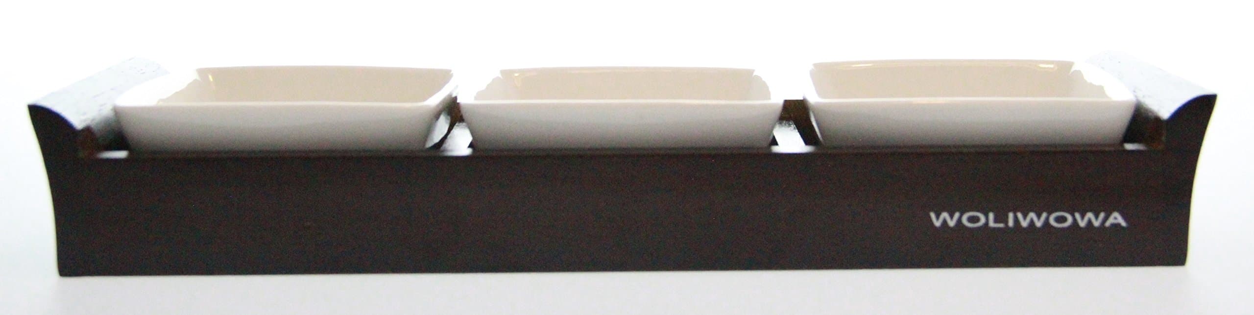 3-Piece Ceramic Party Serving Dish Set with Tray - Dark Wood Tray