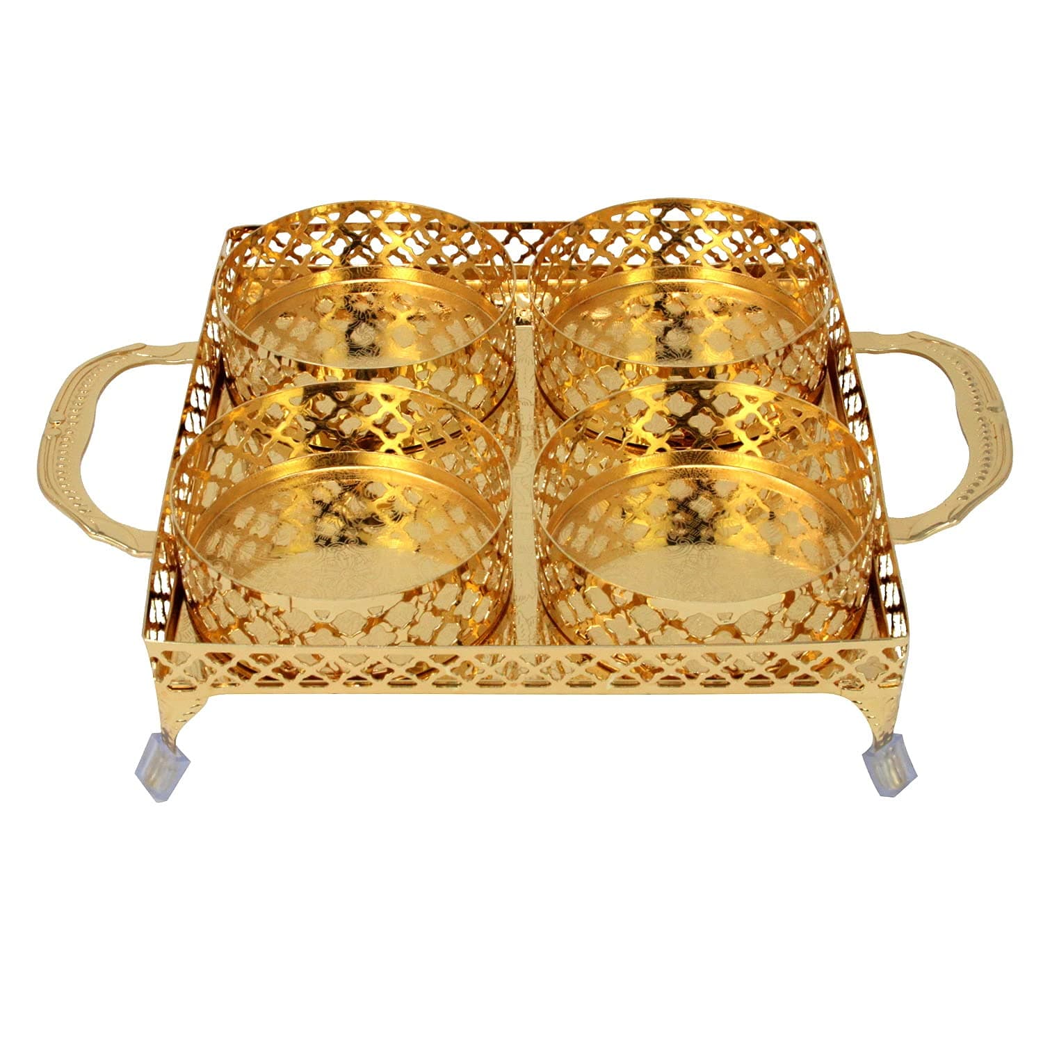 Sov Gold Serving Tray with 4 Bowls & Handles Paandan Rectangle Decorative Mirror Polished Chrome Plated Engraved Centrepiece Appetizer Nuts Dry Fruit Snacks Sweets Party Serving Tray (HCH061)