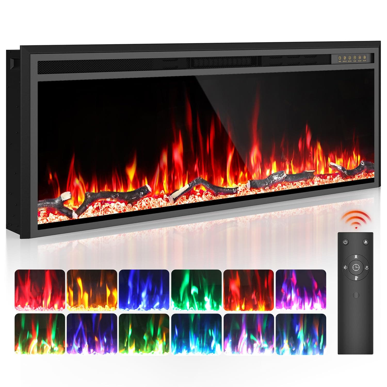 Electric Fireplace - 50" Linear Fireplace Heater with 15 Belt Light Colors - 5100 BTU Heat Output - Timer & Remote Control