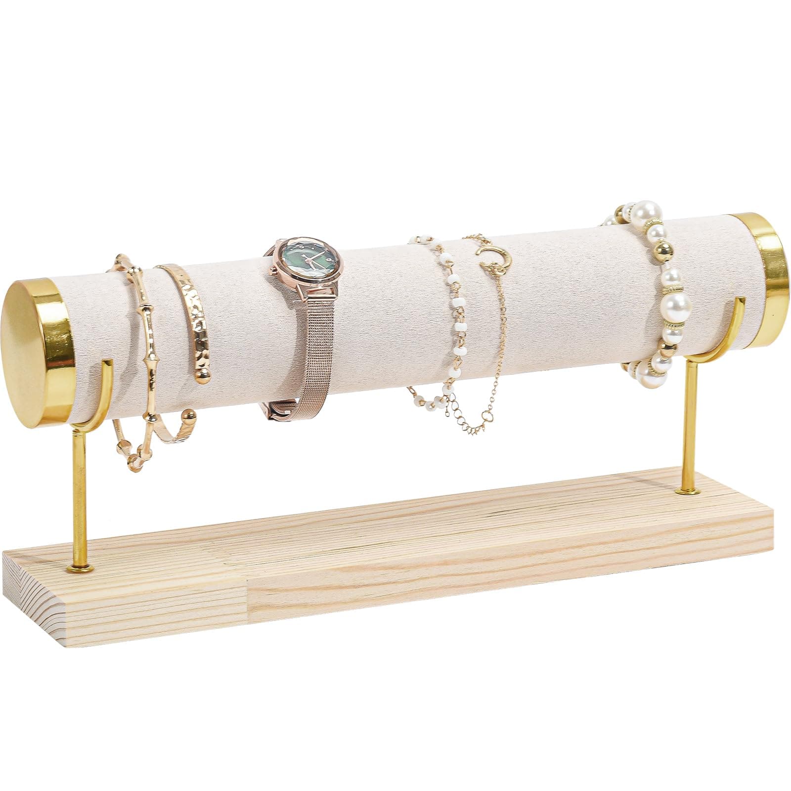 ProCase Bracelet Holder Display Bracelet Organizer Stand, Gold Detachable Bangle Storage Rack for Selling, Velvet Wrap Watch Holder with Wooden Base for Women Girls, Business Supplies - 1 Tier, Beige