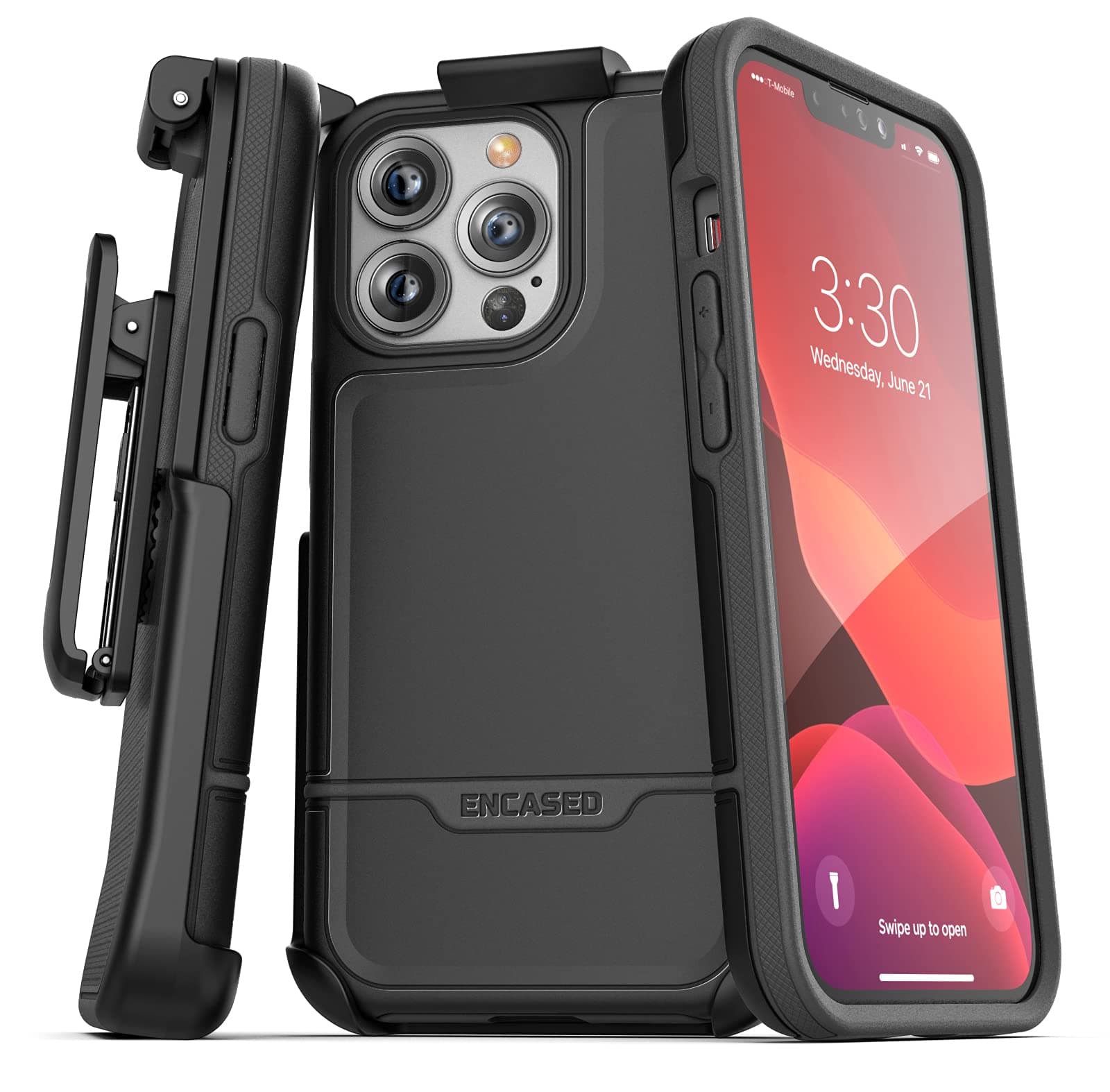 Encased Rebel Designed for iPhone 13 PRO Belt Clip Case (2021) Protective Shockproof Case with Holster (Black)