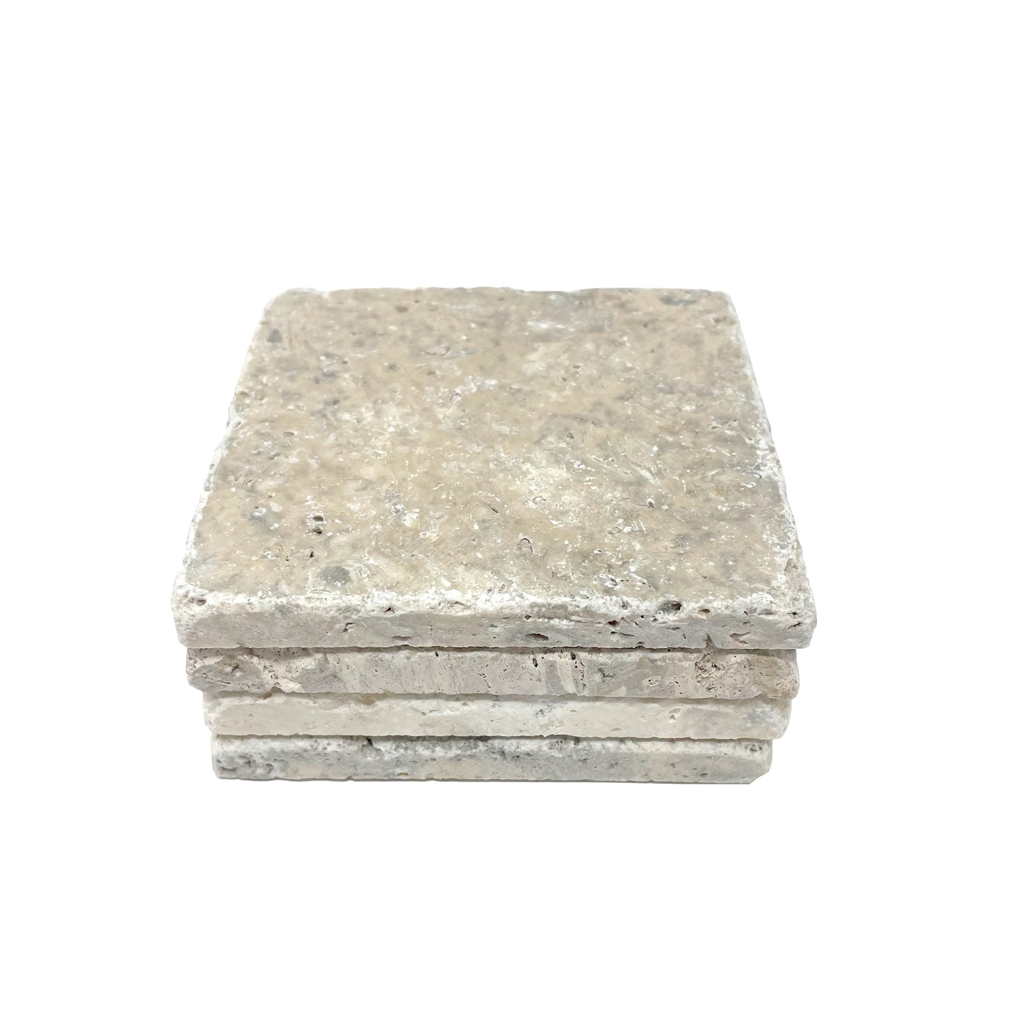 Marble Object Beige 4'' X 4'' Travertine with Fossil Coasters Stone Drink Spills Coasters Tumbled Stone Set of 4 Pieces
