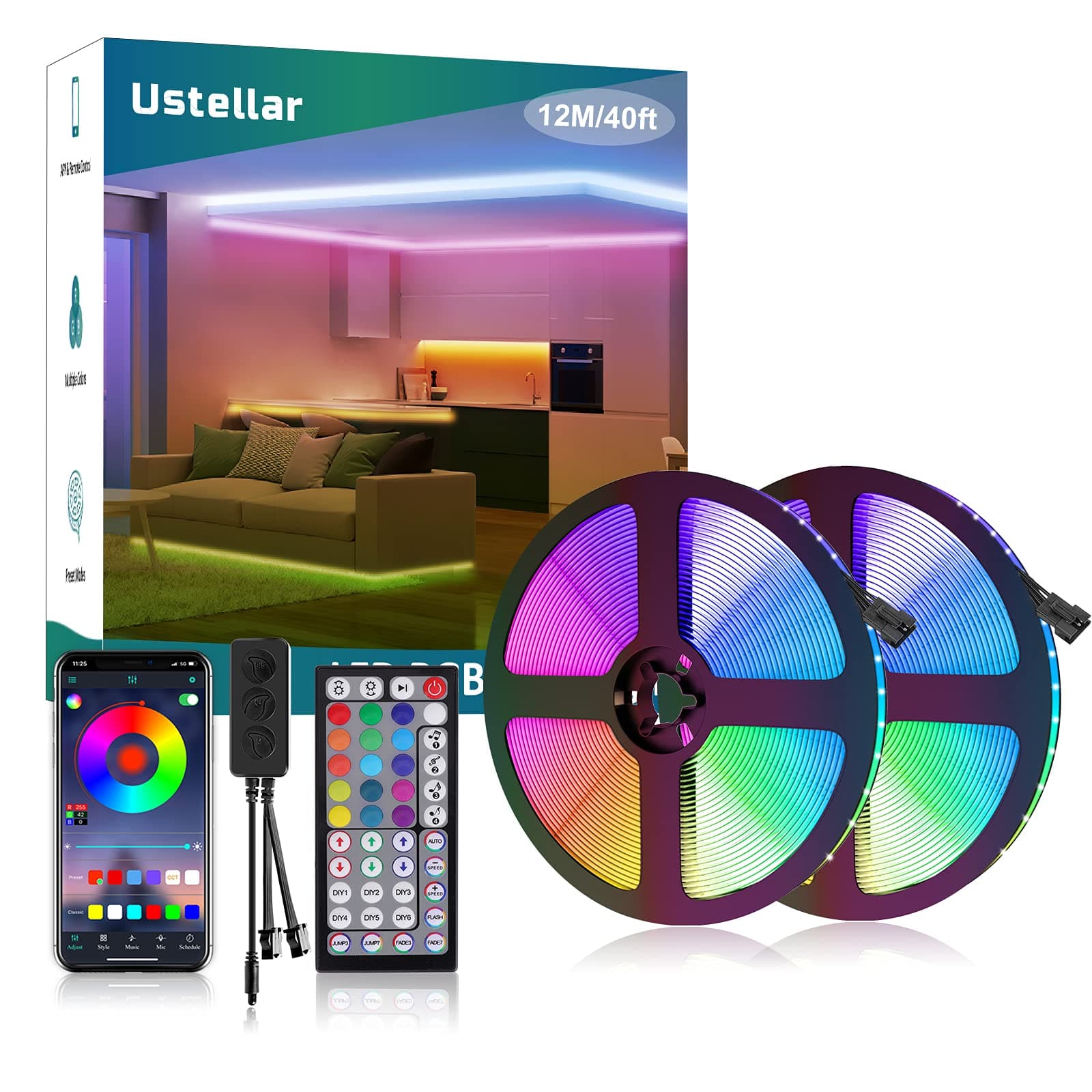 Ustellar 40ft Smart RGB LED Strip Lights, Color Changing LED Lights Strip with App, 44 Key IR Remote, Control Box, Bright 5050 LEDs, Music Sync Tape Lights for Bedroom, Living Room, Kitchen, Party