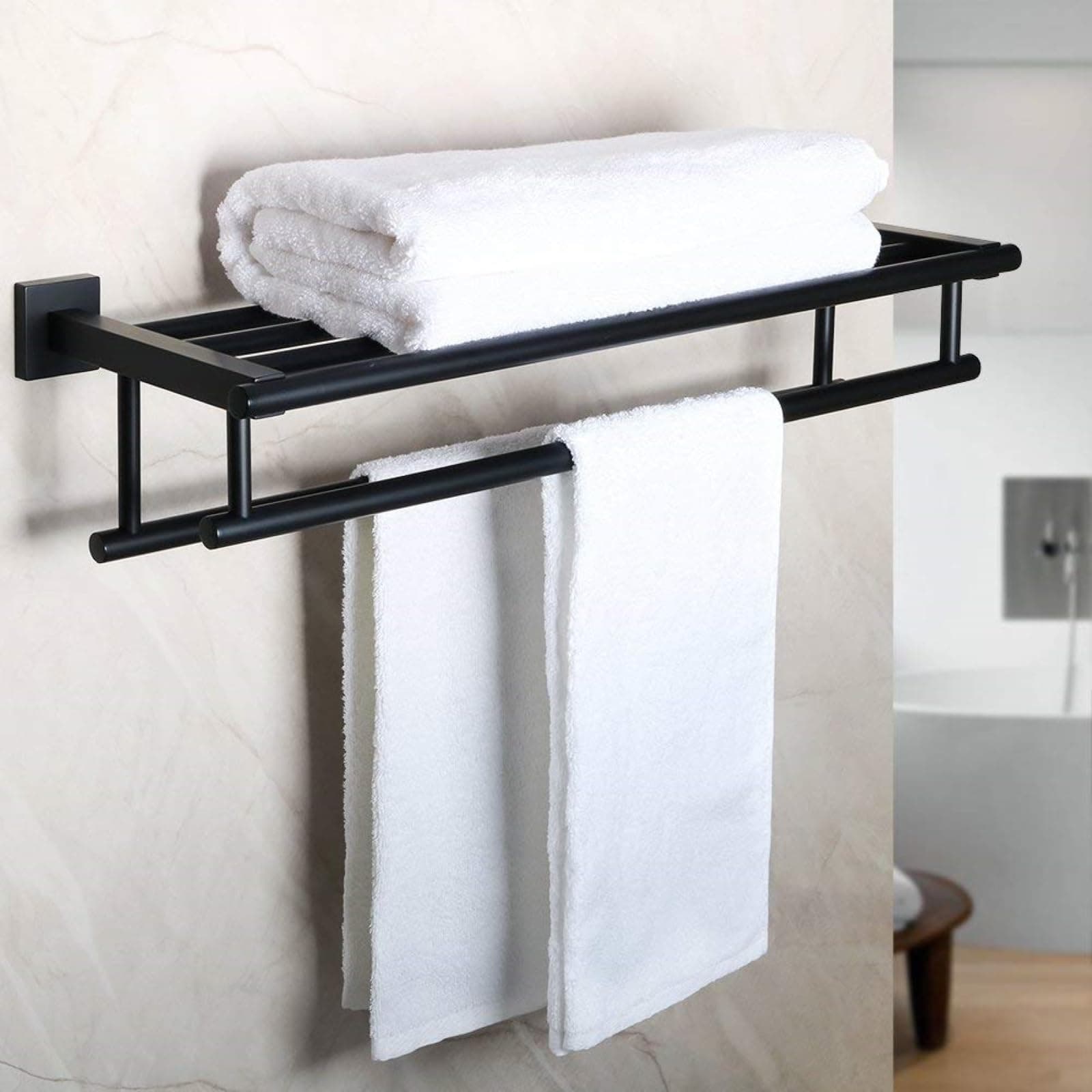 Alise Double Towel Rack for Bathroom Wall Mounted,24 Inch Bathroom Tower Holder Black Towel Rack with Double Towel Bars,SUS304 Stainless Steel Towel Bar Towel Rack with Shelf,Matte Black