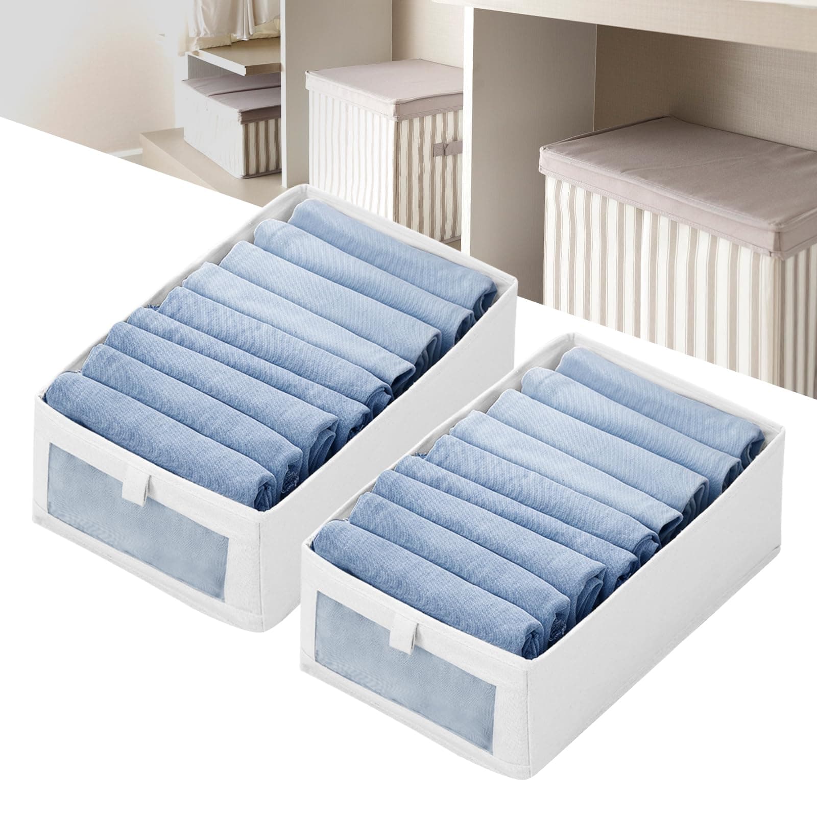 – Wardrobe Clothes Organizer, 2pcs Jeans Storage Box, Visible Drawer Organizers for Clothing, Foldable Closet Storage Basket, Washable Drawer Box for Clothing, T-Shirt, Pants(2Pcs)