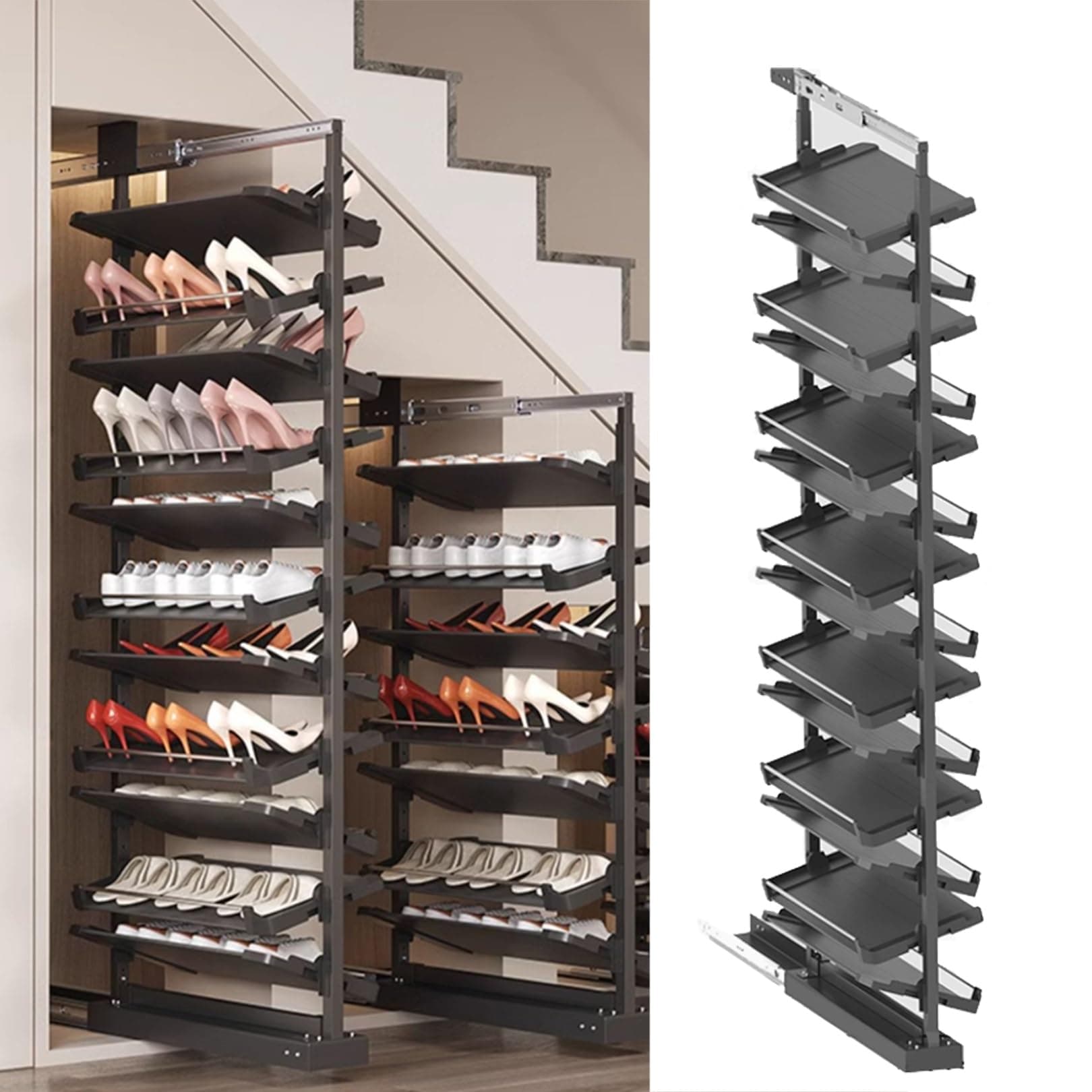 Pull-Out Shoe Rack Organizer for Closet Shoe Cabinet,Adjustable Height Retractable Metal Stackable Shoe Rack, Vertical Shelf Organizer for Small Bedroom Closet, Space Saving Storage, Black(63cm,15 Tie