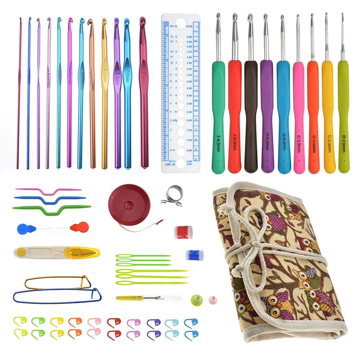 KOKNIT Crochet Hook Set 63pcs with Ergonomic Handles 2mm-6mm Comfort Grip for Arthritic Hands,Aluminum Handle Crochet Hooks Knitting Needles Size from 2mm-8mm,Contains All Accessories