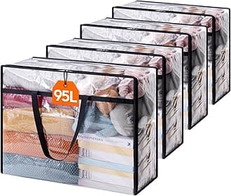 4 Pack Clear Clothes Storage Bags, 95L Plastic Blanket Storage Bag, Vinyl Foldable Moving Bags with Zipper，Closet Organizers and Storage Containers for Comforter, Bedding, Duvet, Pillow
