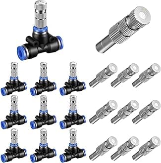 Gisafai 20 Pcs Misting Nozzles Include 1/4" Water Misting Nozzle Tees, 6mm Brass Nozzles 1/4" Connect Fitting Air Hose Sprayer for Outdoor Spray Cooling System(Three Section)