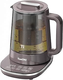 ICOOKPOT Titanium Hot Tea Maker Glass Electric Kettle with Infuser and Temperature Control,1.5L Tea Maker & 1500W Rapid Boiling,Programmable Control for your Favorite Teas and Coffee-Brown