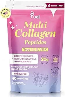 Fuel Multi Collagen Peptides Powder – 20g Hydrolyzed Collagen Types I, II, III, V & X – Hair, Skin, Nails & Joint Support – Keto & Gluten Free – Unflavored – 40 Servings (16.64oz)