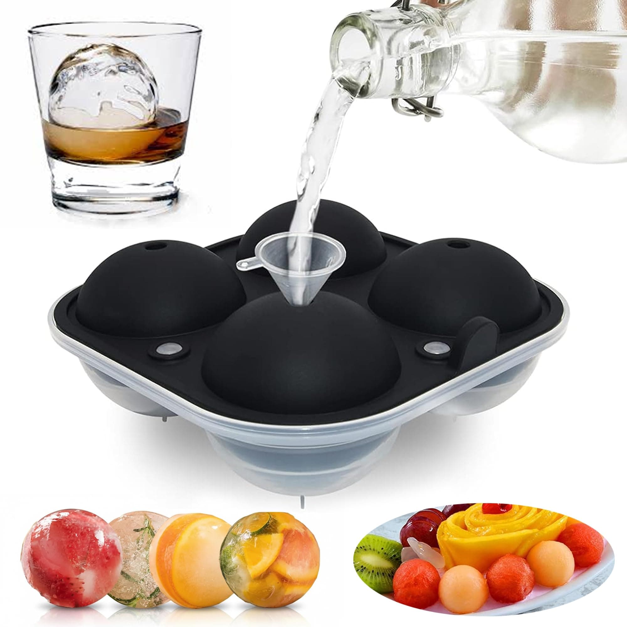 Silicone Ice Ball Maker Moulds,6.6cm(3in) Sphere Ice Cube Moulds - Large Ice Cube Moulds Great for Kids with Candy Pudding Jelly Milk Juice Chocolate Moulds or Cocktails Whiskey,Black Ice Cube Trays