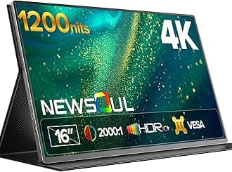 Newsoul 4K Portable Monitor 1200Nits Ultra Bright 16'' Laptop Monitor 2000:1 Contrast Fast IPS Matte Screen with USB-C HDMI VESA, Slim External Screen for Laptop/Phone/Game Console/Office/Travel