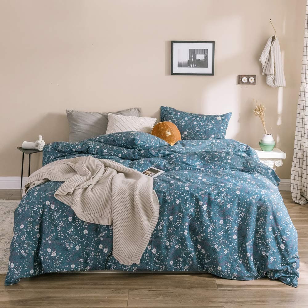OTOB Reversible King Size Bed Floral Comforter Cover Set Blue White 3 Piece Teen Bedding Sets for Girls Students Women Kids Duvet Cover with 2 Pillow Shams, 100% Cotton and New