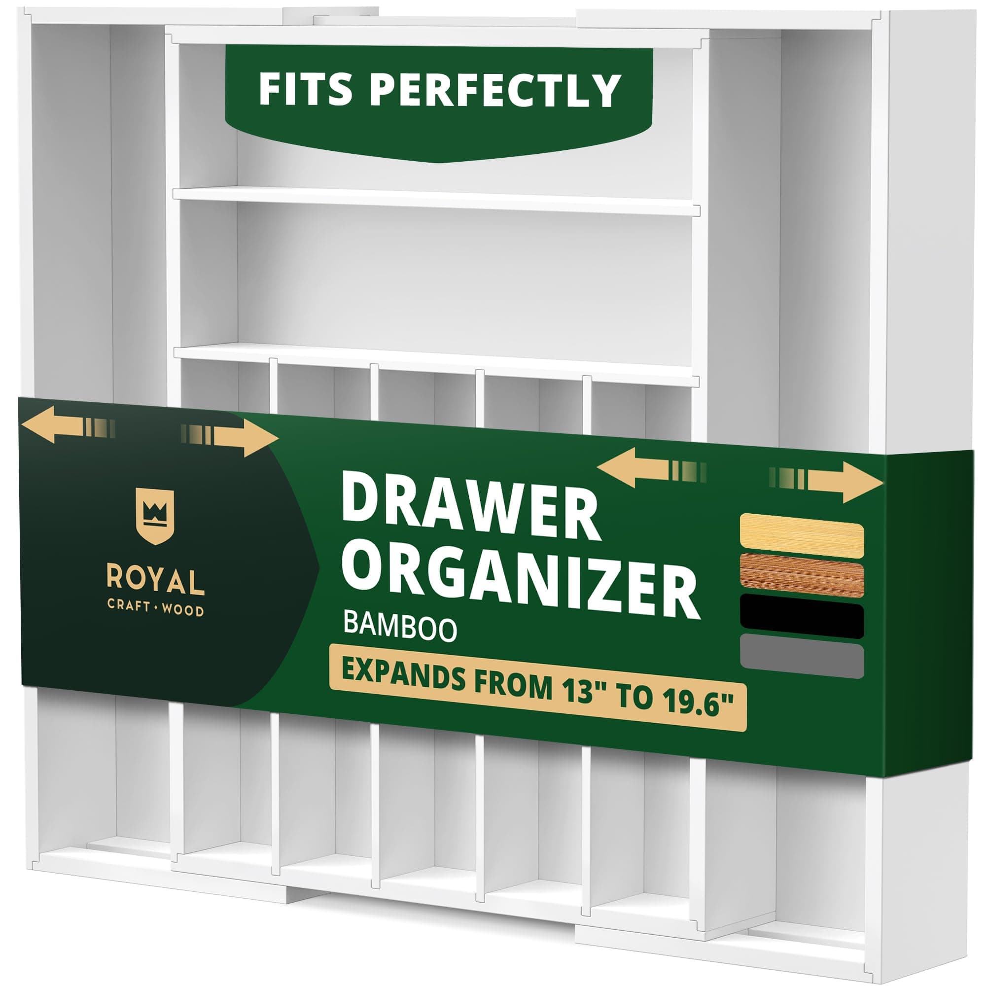 ROYAL CRAFT WOOD Luxury Bamboo Kitchen Drawer Organizer - Silverware Organizer - Utensil Holder and Cutlery Tray with Grooved Drawer Dividers for Flatware and Kitchen Utensils (9 Slot, White)