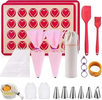 Silicone Macaron Baking Mat Kit - (30 in 1) Macaroon Baking Mat Heart Set,2 Half Sheet Macaron Silicone Mat,1 Egg Separator,1 Pastry Brush,1 Spatula,6 Frosting Tips,12 Piping Bags