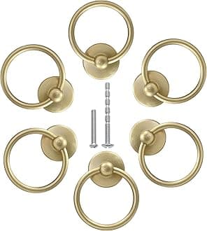 6Pcs Round Ring Drawer Pulls Matte Gold Ring Handle Knobs for Cabinet Drawer Dresser Cupboard Wardrobe, Single Hole