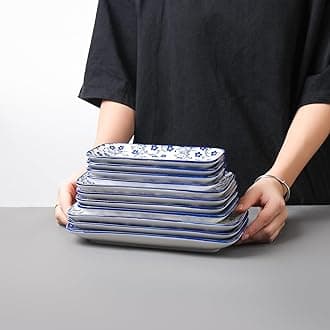 Selamica Rectangular Salad Plates, 7.1 Inch Dessert Plates Ceramic, Mini Dinner Plates, Small Plates for Appetizer, Snack, Sushi, Fruit, Set of 6, Vintage Blue