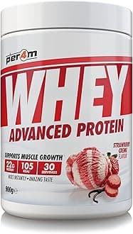 Whey Protein Powder | High Protein Shake for Muscle Growth & Recovery | Low Sugar Gym Supplement | Sports Nutrition Drink + Amino Acids (900g, Strawberry Creme)