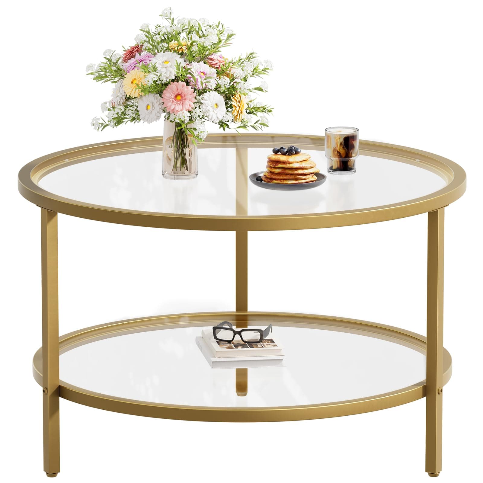 SAYGOER Round Glass Coffee Table 2 Tier Coffee Tables with Storage Shelf for Large or Small Space Modern Simple Center Table with Gold Frame for Living Room Home Office, Easy Assembly…