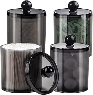 SheeChung 4-Pack Qtip Holder,Mixed Sizes Black Acrylic Apothecary Jars with Lids - (2) 12oz & (2) 10oz Qtip Holder Set - Shatterproof Bathroom Vanity Organizer for Cotton Swabs,Balls,Pads