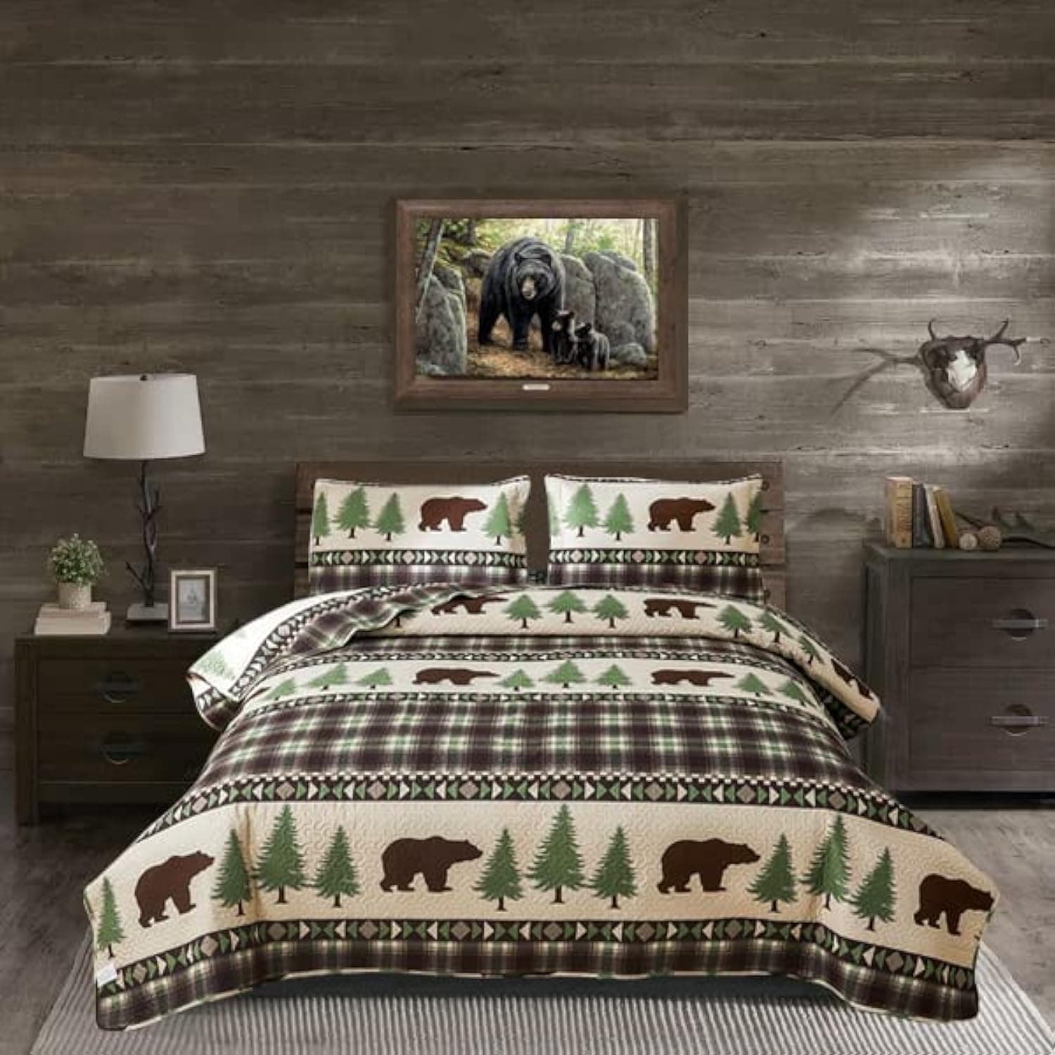 Quilt Set Queen Size Rustic Lodge Plaid Quilt Bed Spread Country Cabin Brown Bear Bedding Lightweight Reversible Quilts Home Bedspread Coverlet with 2 Pillow Shams