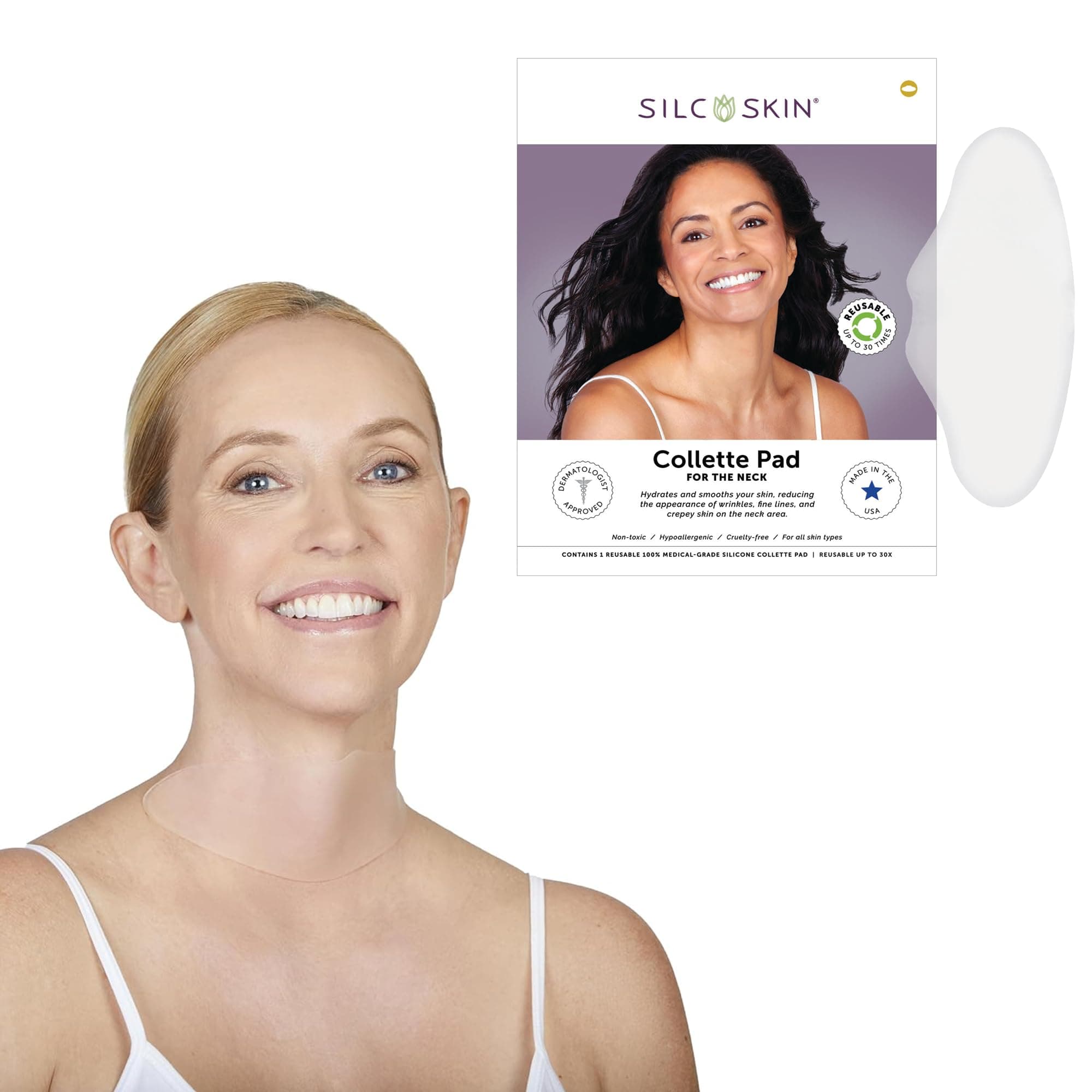 Collette Pad to Help with Neck & Collarbone Wrinkles from Sun, Aging, Side Sleeping, Reusable Self Adhesive Medical Grade Silicone, 30 Day Supply
