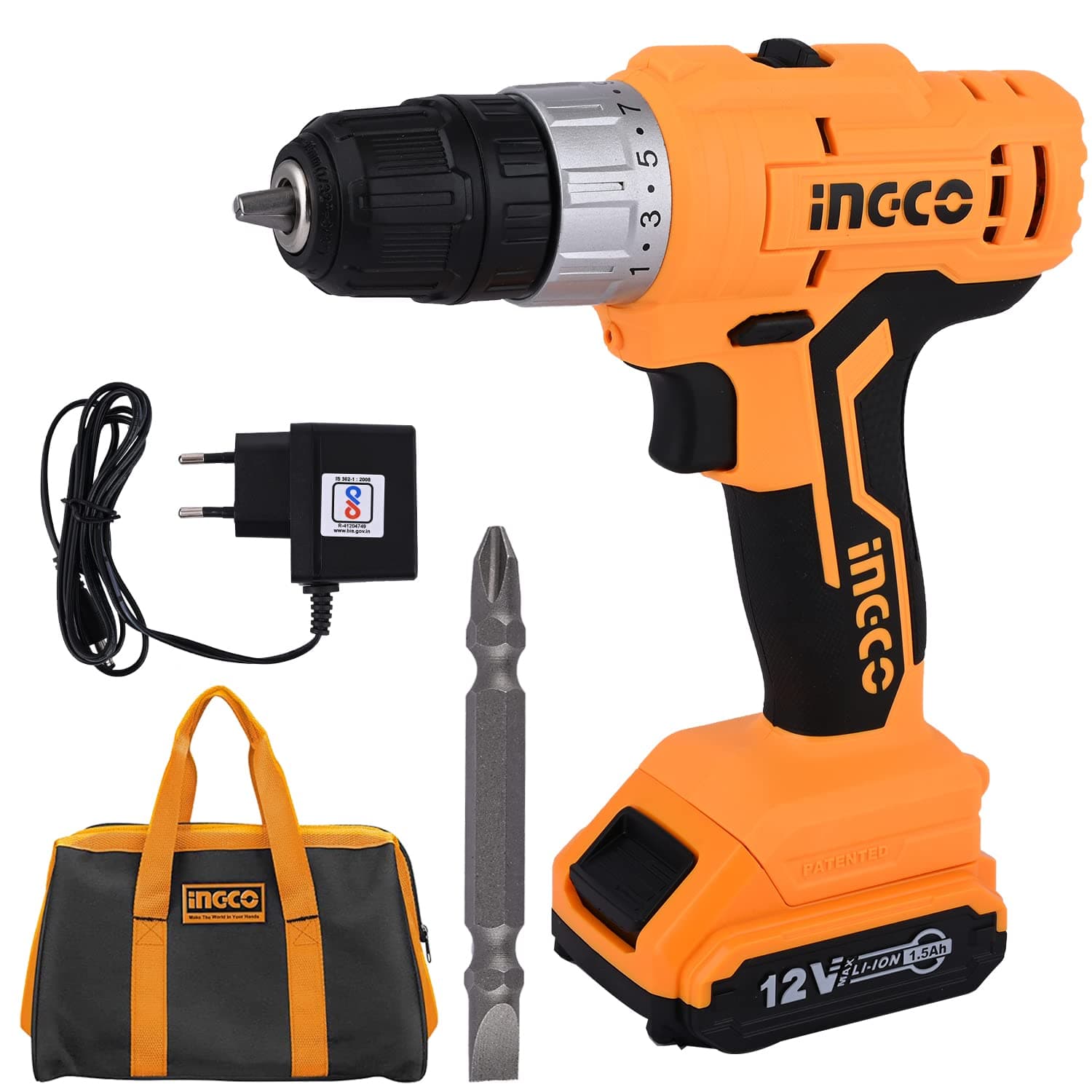 INGCO CDLI1222 Lithium-ion Cordless Drill 12 V Angle Drill 2 Speed Gear 15+1 Torque Settings 1.5 Ah Battery CR-V Bit Grip Handle Compact Kit for Drill Wood Metal Home Improvement & Industrial Use