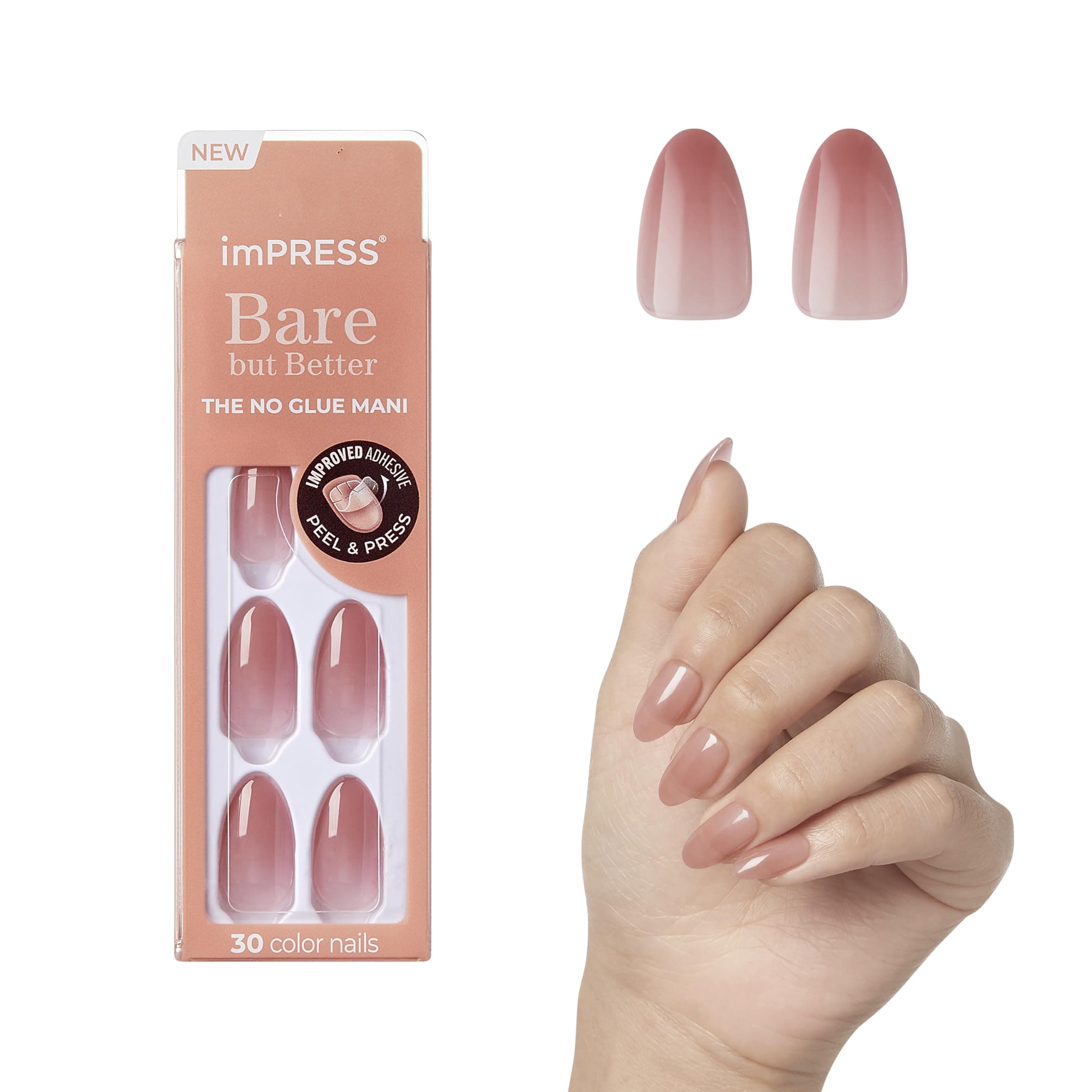 KISS imPRESS No Glue Mani Press On Nails, Bare but Better, 'Serenity', Medium Pink, Medium Size, Almond Shape, Includes 30 Nails, Prep Pad, Instructions Sheet, 1 Manicure Stick, 1 Mini File