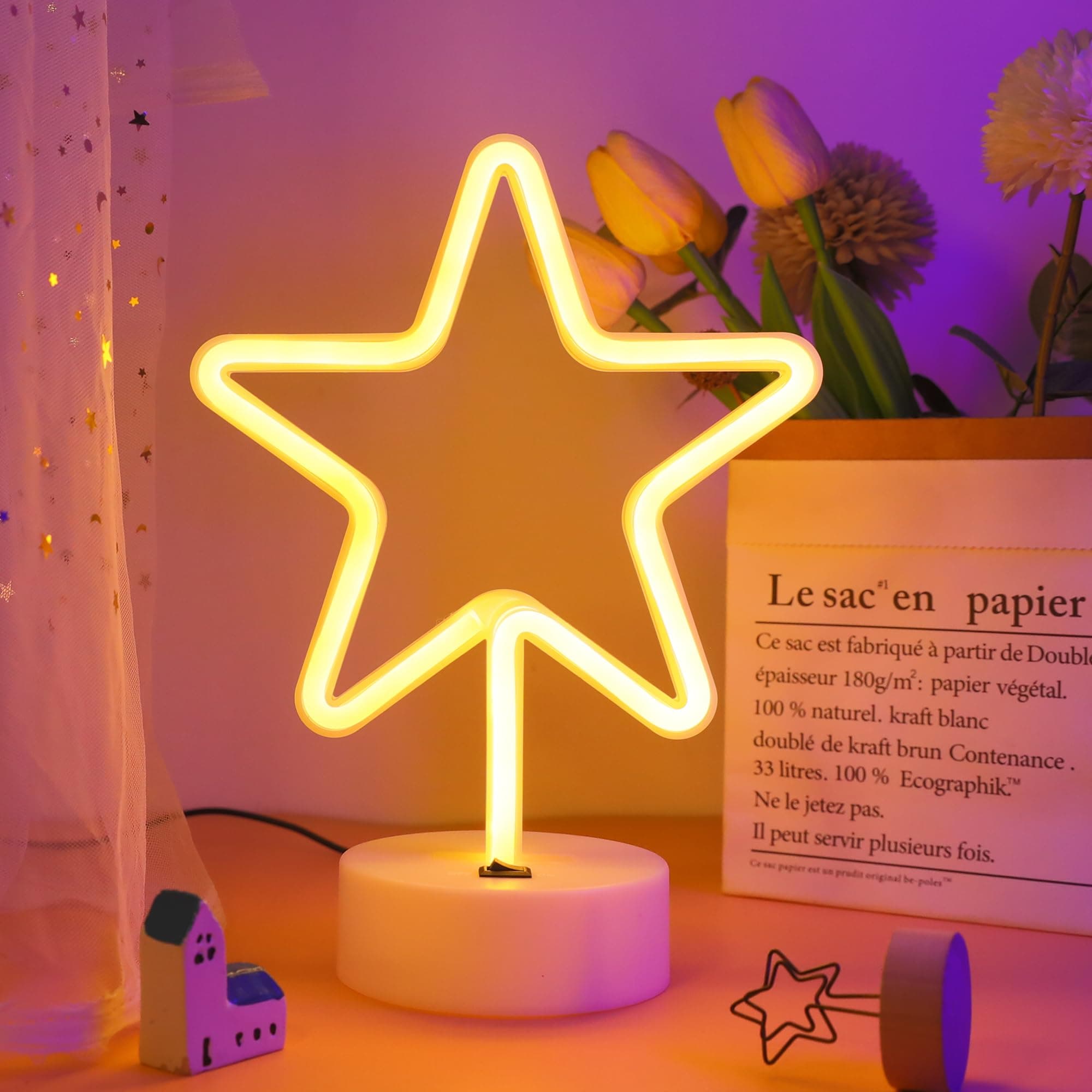 ENUOLI Warm White Star Shaped LED Neon Light Lamp with Base Battery Operated USB Powered LED Star Neon Sign Home Christmas Decoration Lights for Home Hotel Bedroom Store Decoration Night Light