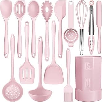 Silicone Cooking Utensils Set - 446°F Heat Resistant Kitchen Utensils, Spatula,Turner Tongs,Spoon,Whisk,Kitchen Utensil Gadgets Tools Set for Nonstick Cookware,Dishwasher Safe BPA Free(Pink)