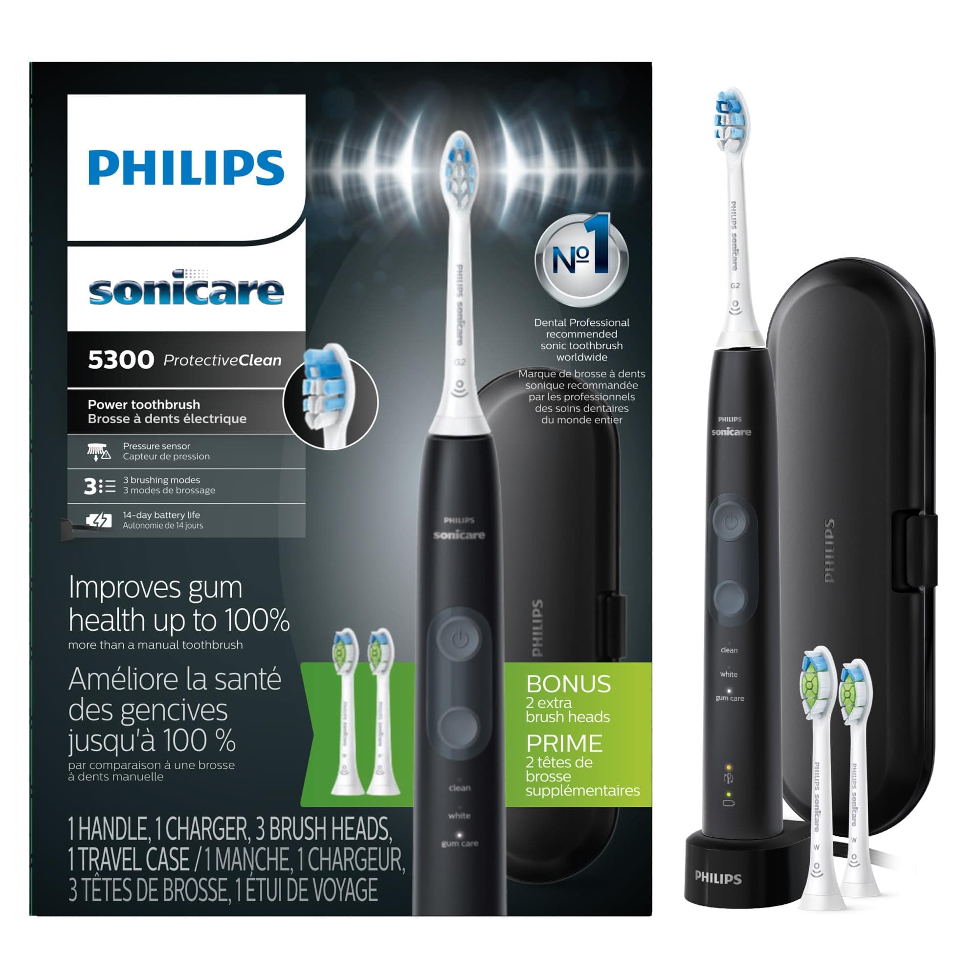 ProtectiveClean 5300 Rechargeable Electric Toothbrush, with Pressure Sensor, 3 Cleaning Modes, SmarTimer and QuadPacer, with 2 Bonus Brush Heads, Travel Case, Black, Model HX6423/34