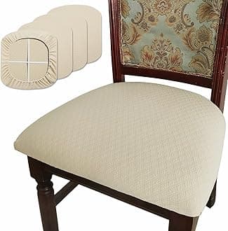 BUYUE Dining Room Chair Seat Covers Set of 4, TPU not Mixed, Friendly Jacquard Fabric Stretch Washable Slipcover for Kitchen Seat Cushions, Beige-4PCS