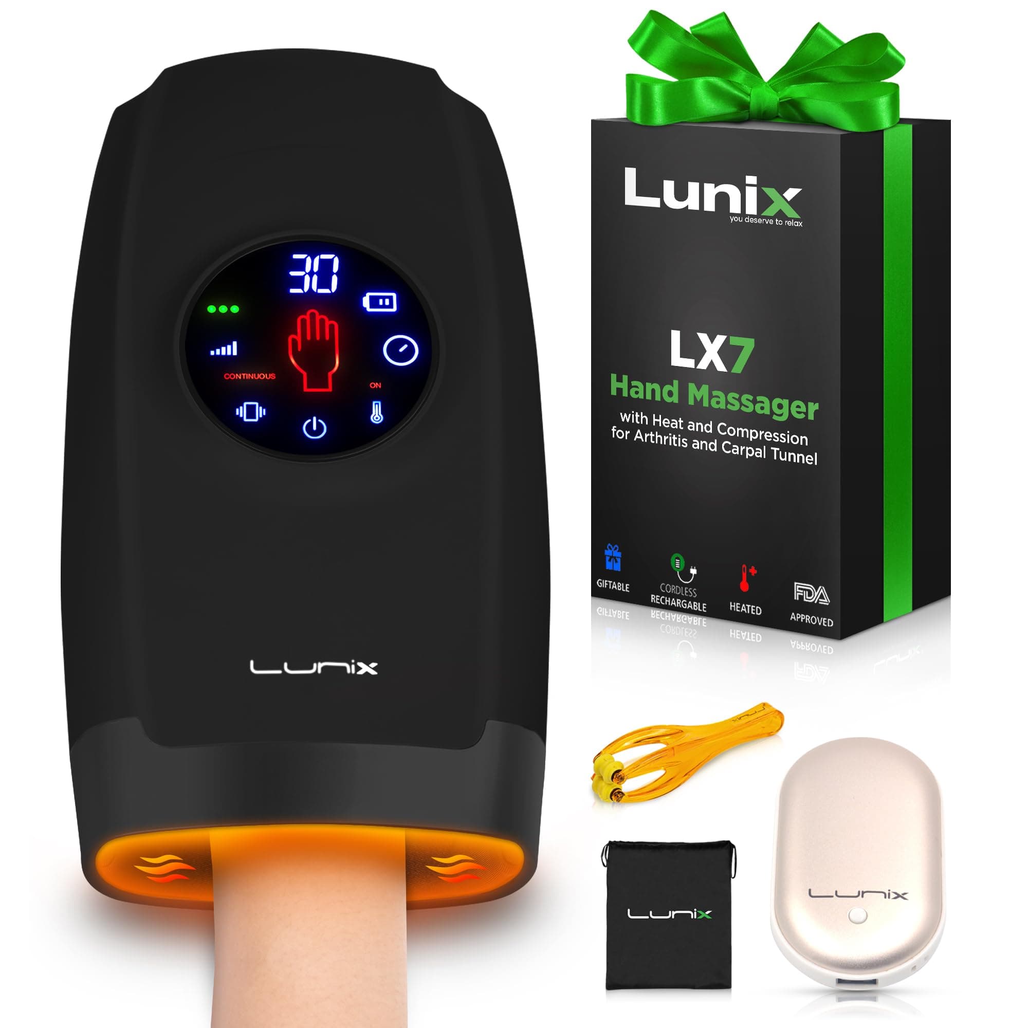 Lunix LX7 Touchscreen Electric Hand Massager w/Compression, 4 Levels Pressure Point Therapy Massager for Arthritis, Pain Relief, Carpal Tunnel and Finger Numbness, Shiatsu Massage Machine with Heat