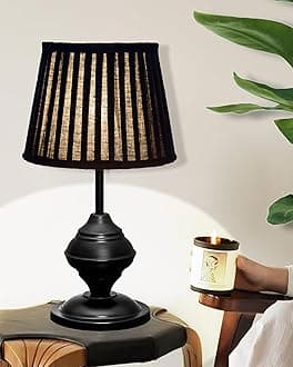 Homesake® Bedside Black Metal Table Lamp with Fabric Shade, E27 Holder, Urn, Desk lamp, Night lamp, Office, Nightstand, Table Lamp for Living Room, Study Room, Kids Room, Pleated Black Drum Shade