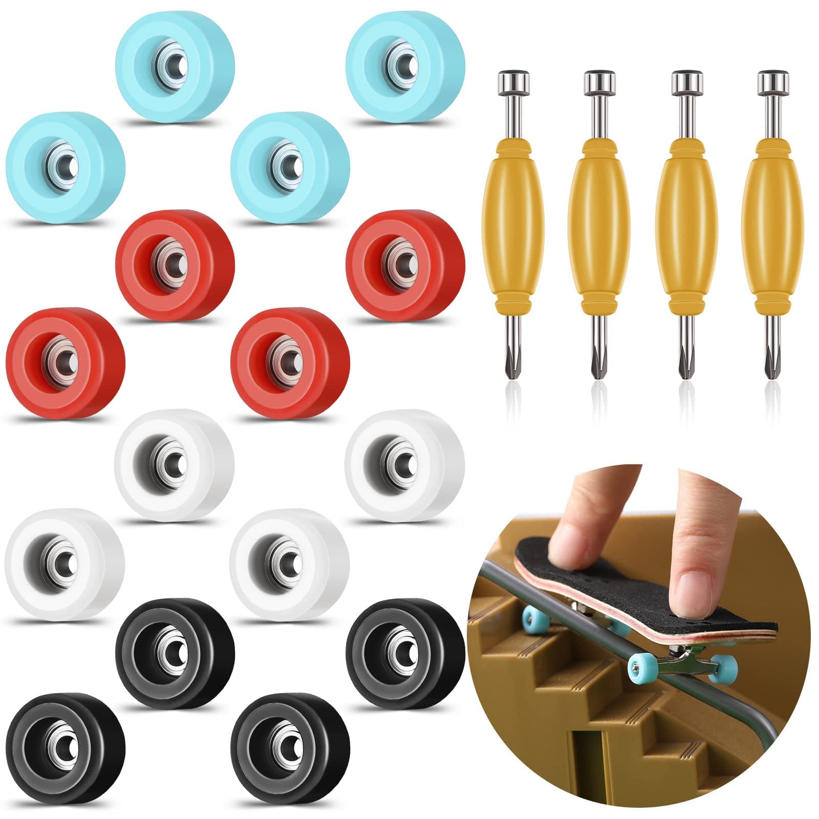 Zhehao 20 Pieces Fingerboard Tool Set Bearing Wheels with 4 Pieces Tool Screwdriver and Nut Driver Compatible with Most Fingerboard Trucks(White, Black, Red, Light Blue)