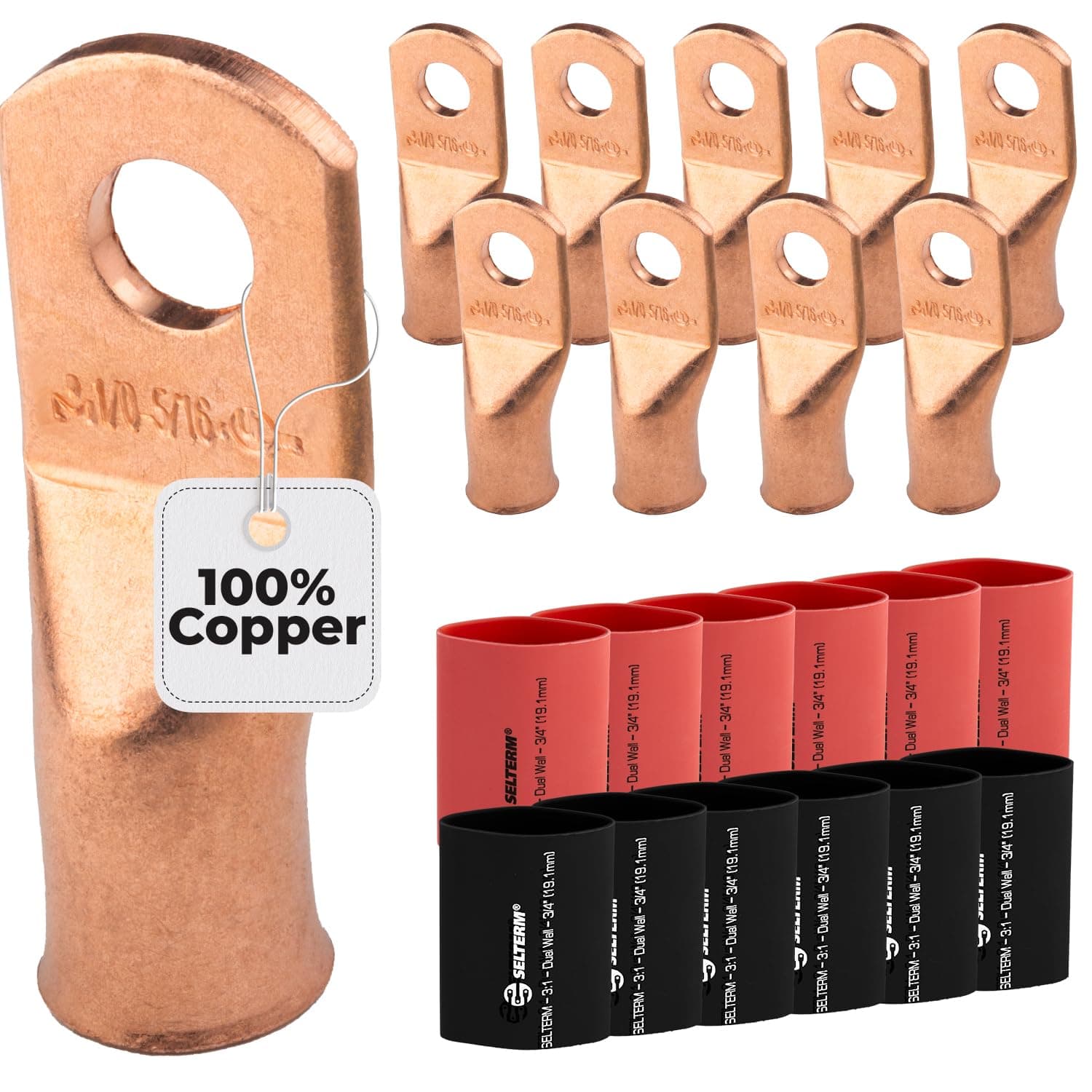 SELTERM 10pcs - 1/0 Awg - 5/16" Stud - Battery Lugs - Ring Terminal Connectors | with 12pcs 3:1 Black & Red Heat Shrink Tubing with Adhesive | Heavy Duty Battery Cable Ends - Bare Copper Wire Lugs Kit
