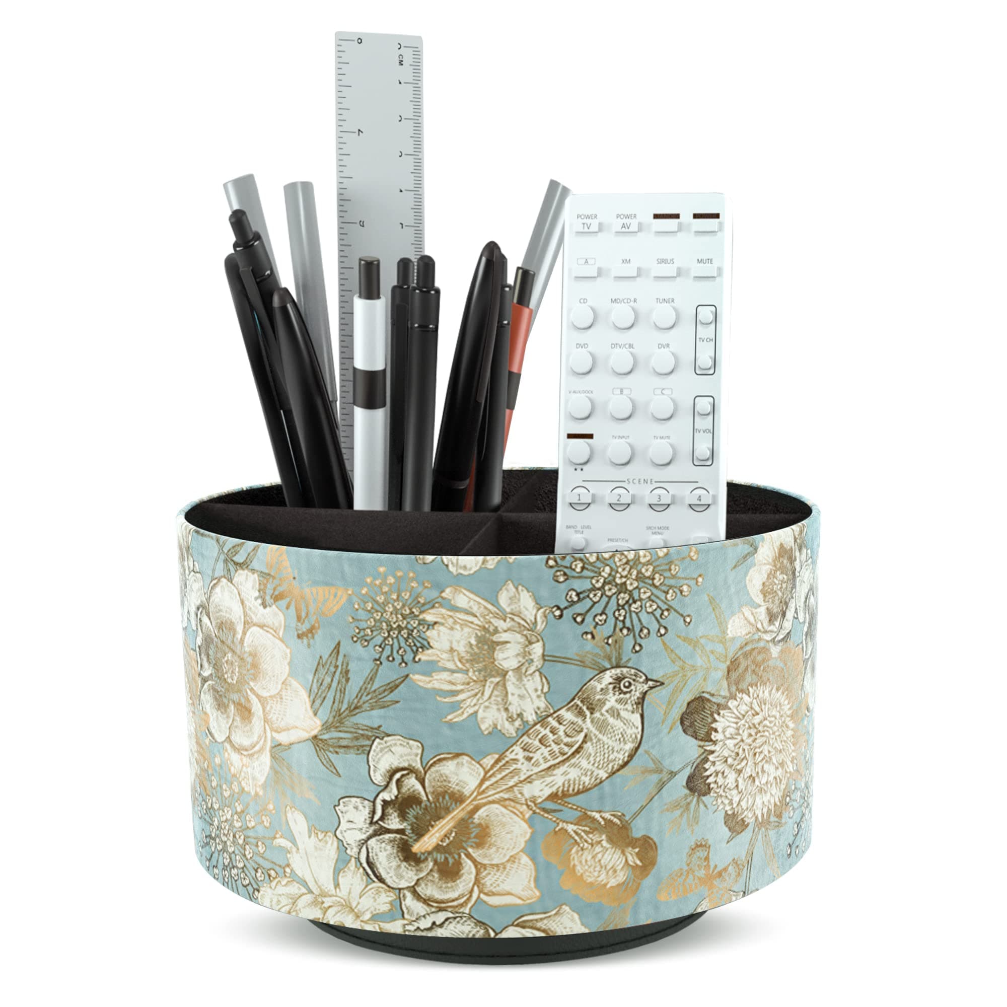 Round Leather Art Supply Organizer,Remote Control Holder,360 Degree Spinning,Multi-Functional Pencil Holder,4 Compartments Desktop Stationary Organizer(1-Blue Bird)