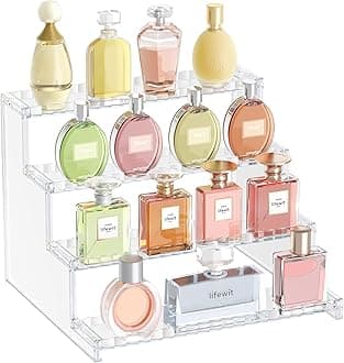 Lifewit 4 Tier Clear Display Riser Stand with Decorative Secure Fences, Tool-free Assembly, Plastic 12 Inch Perfume Organizer, Display for Figures, Cupcake, Dessert, 1-pack