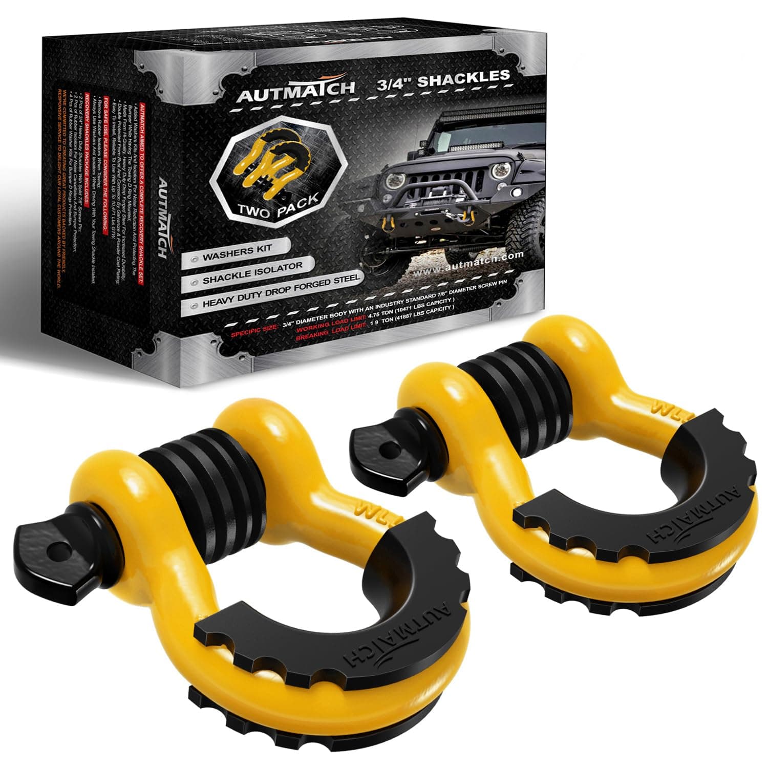 AUTMATCH D Ring Shackle 3/4" Shackles (2 Pack) 41,887Ibs Break Strength, Clevis Shackle with 7/8" Screw Pin and Shackle Isolator Washers Kit for Tow Strap Winch Off Road Vehicle Recovery, Yellow