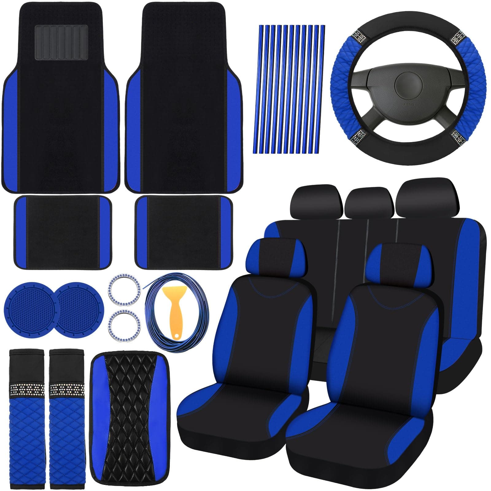 BBTO 43 Pcs Bling Car Accessories Set for Women Front Seats and Rear Bench Polyester Car Seat Protectors Wheel Cover Seat Floor Mats Full Crystal Automotive Interior Decor(Blue, Black)