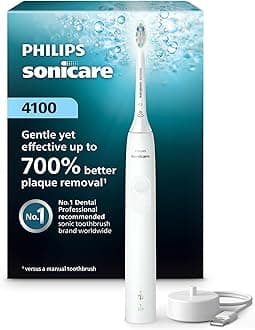Philips Sonicare 4100 Rechargeable Electric Toothbrush, with Pressure Sensor, 2 Intensity Settings, SmarTimer and QuadPacer, 14-Day Battery Life, White, Model HX368123.